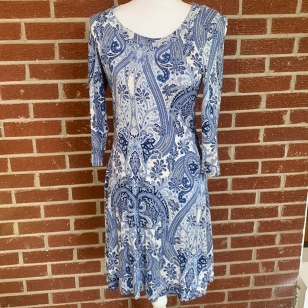 Karen Kane blue print dress.